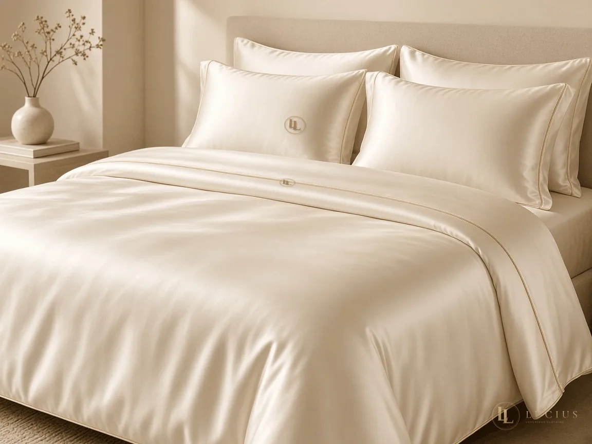 Cream silk bedding on a made bed