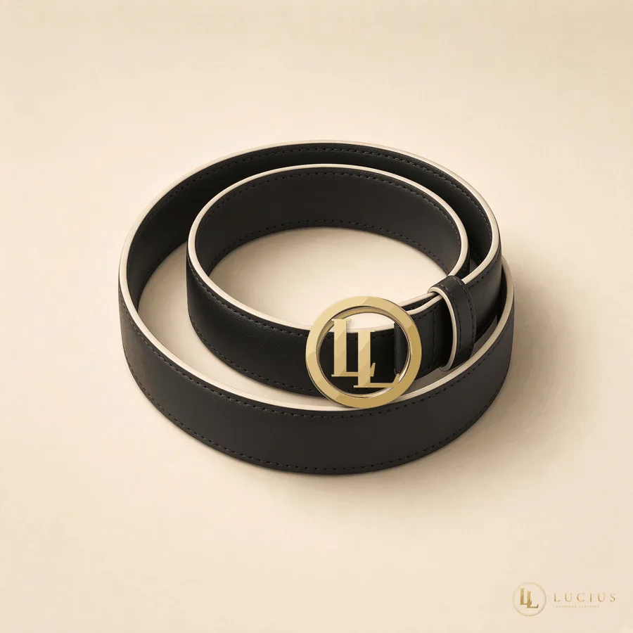 Black leather belt with an open gold LL-in-circle buckle