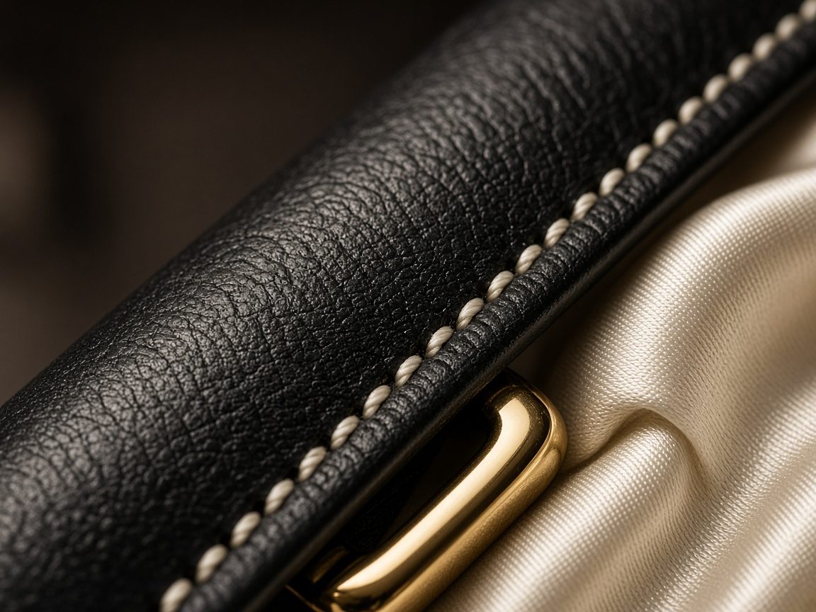 Close-up of black full-grain leather with cream stitching beside polished brass and cream silk