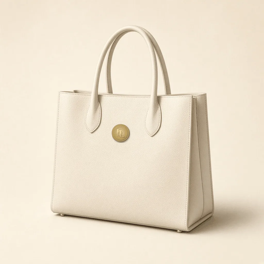 Cream structured leather tote with a round gold LL medallion closure