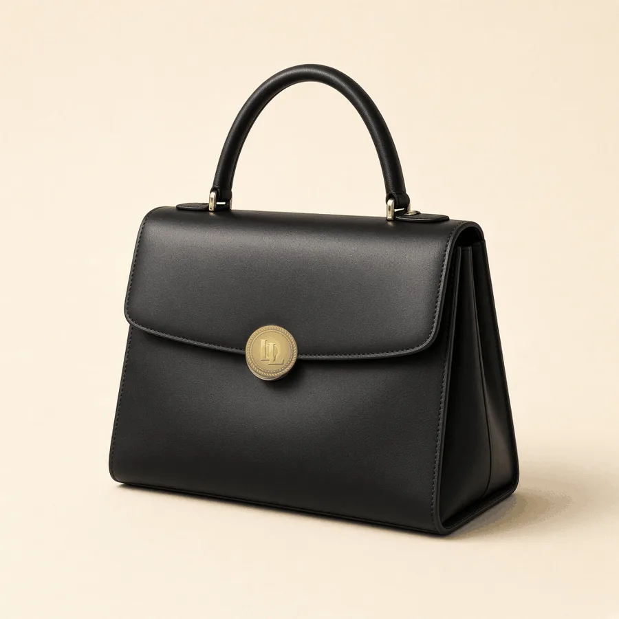 Black top-handle bag with a round gold LL turn-lock