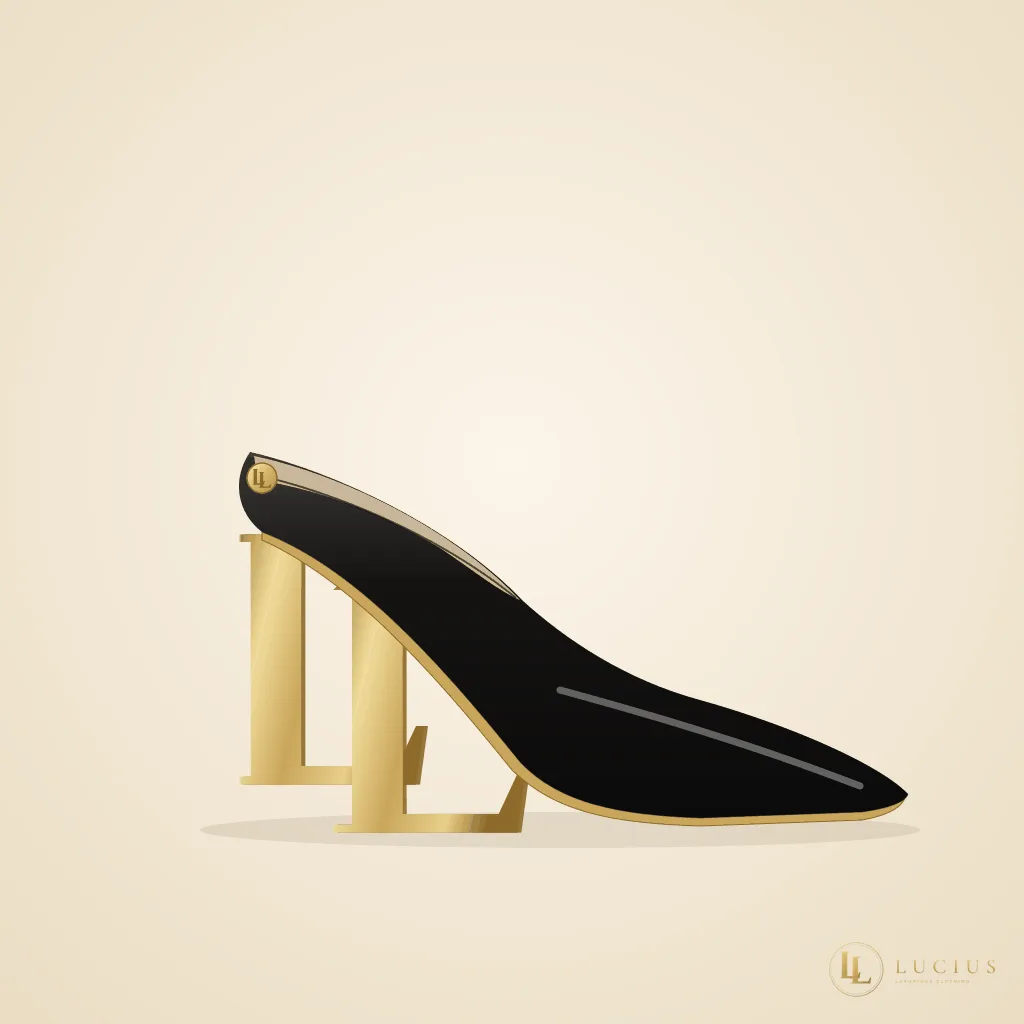 Black patent pump with a sculpted gold heel in the shape of the LL monogram