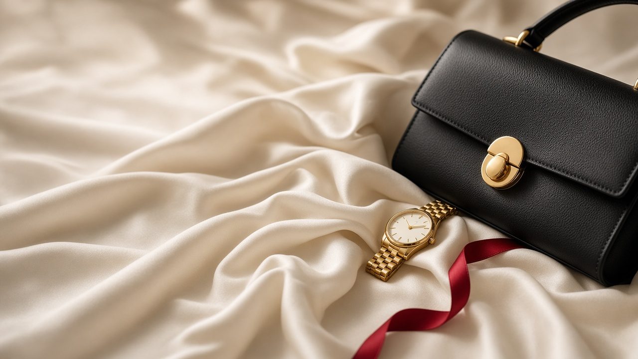 Cream silk draped beneath a black leather handbag with a gold turn-lock and a gold watch