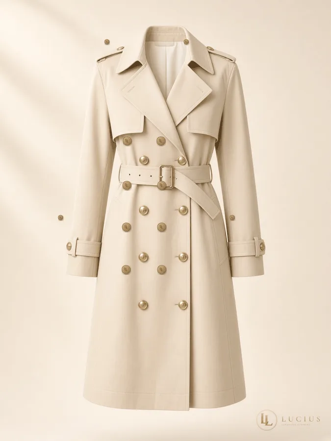 Cream double-breasted trench coat with gold buttons