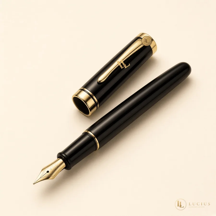 Black lacquer fountain pen with gold trim