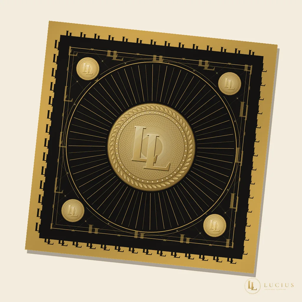 Black and gold silk square scarf with a central LL medallion