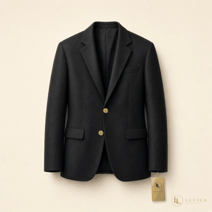 Black wool blazer with gold buttons
