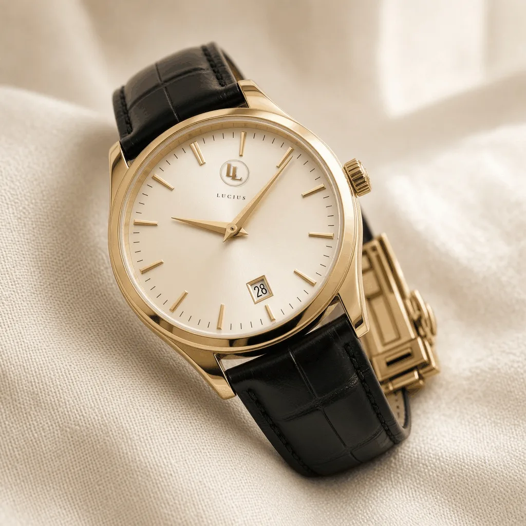Gold watch with a cream dial on a black leather strap, resting on silk