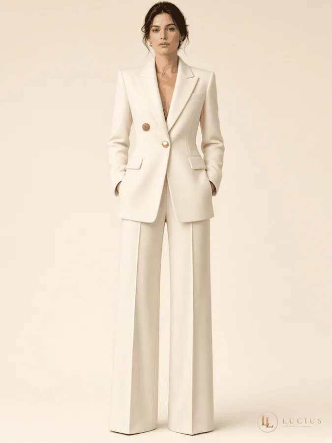 Cream tailored women's trouser suit with gold buttons